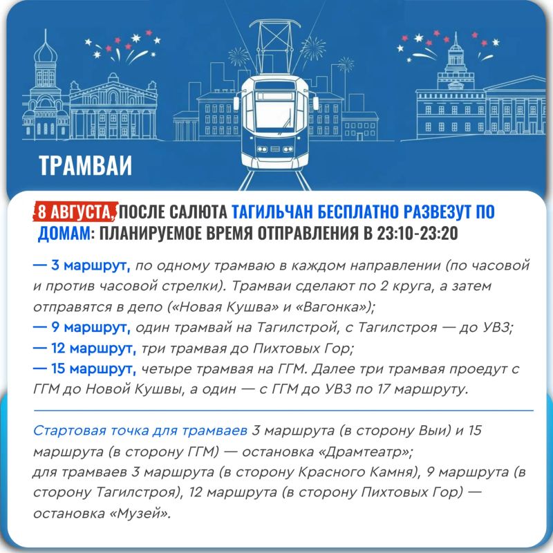 В субботу, 8 августа, в связи с празднованием Дня города Тагильский Трамвай организует движение дополнительных рейсов по трамвайным и по автобусным маршрутам